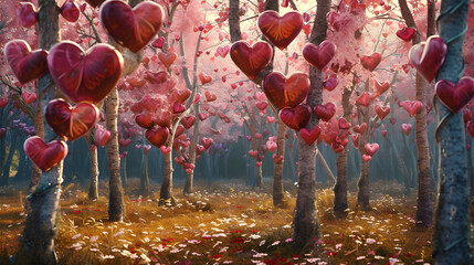 Enchanted forest scene, trees adorned with heart-shaped leaves, a whimsical Valentine's Day fantasy setting