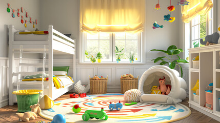 Sunny children room with white bunk bed and lot. - obrazy, fototapety, plakaty