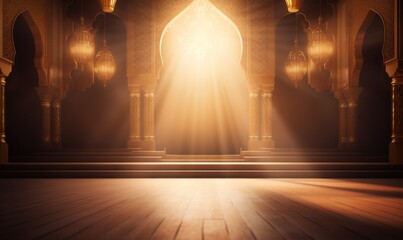 Elegant Islamic Stage with Radiant Spotlight Beams and Ornate Lanterns