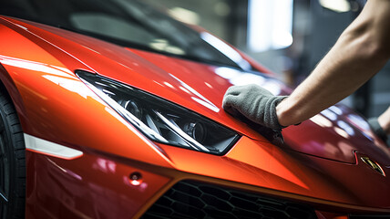 Man worker of car detailing studio removing scratches on car varnish. Luxury car. Selective focus.
