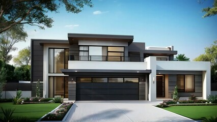 Fototapeta premium 3d house model rendering on white background, Clean and precise 3D illustration modern cozy house. Concept for real estate or property.
