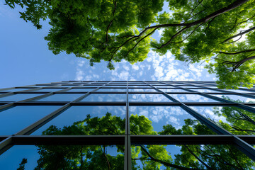Sustainable glass office building with tree for reducing carbon dioxide