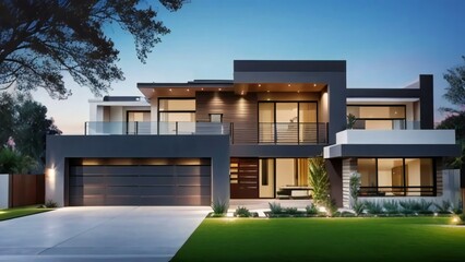 Fototapeta premium Modern house, luxury home, contemporary architecture, suburban property, illuminated facade