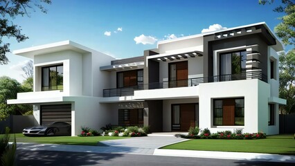 Fototapeta premium Modern white house, contemporary home exterior, luxury residential building, 3D architectural rendering
