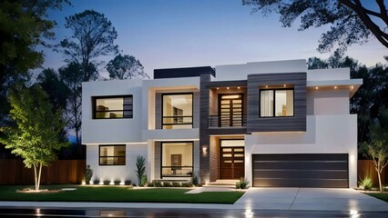Fototapeta premium Modern house, luxury home, white exterior, evening lighting, suburban architecture