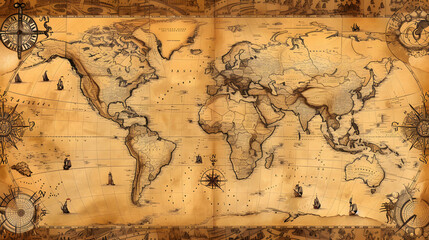 Vintage old world map, detailed exploration routes and mythical creatures, sepia tones,