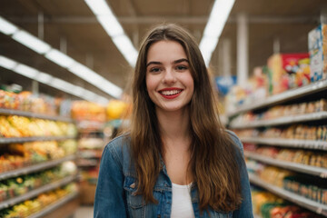 Happy young women in the grocery store