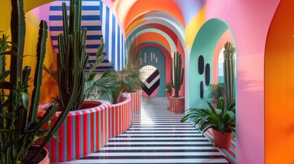Generative AI, Memphis postmodern style interior with many plants, vibrant surreal colors room	