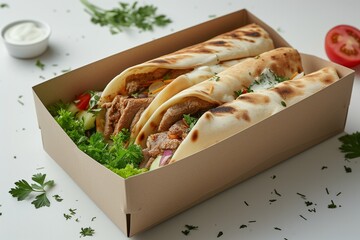 Doner kebab packaging, featuring a well-presented and appetizing kebab nestled in a to-go box