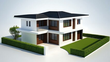 3d house model rendering on white background, Clean and precise 3D illustration modern cozy house. Concept for real estate or property.