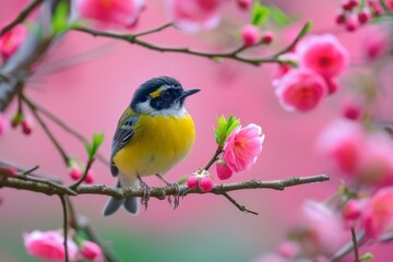 Fototapeta premium small bird on branches with pink blossoms Generative AI