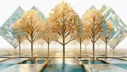 Trójwymiarowa, abstrakcyjna przestrzeń w kolorze brązu, złota. Ogród, park z chodnikiem i drzewami - obrazy, fototapety, plakaty