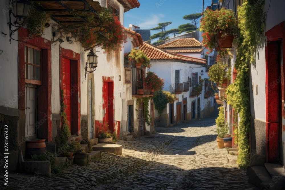 Wall mural a charming cobblestone street lined with an array of flourishing potted plants, creating a delightfu