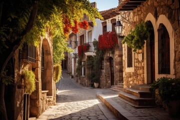 Fototapeta na wymiar Explore the charming ambiance of a historic cobblestone street enclosed by elegant stone buildings, Quaint cobblestone street in a historic town, AI Generated