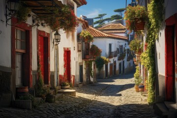Fototapeta na wymiar A charming cobblestone street lined with an array of flourishing potted plants, creating a delightful backdrop, Quaint houses and narrow streets of a Portuguese village, AI Generated