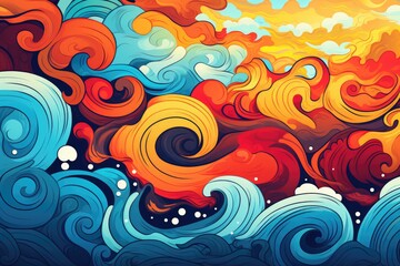 A captivating painting depicting the beauty of waves, clouds, and sunset in a tranquil yet dynamic natural scene, Psychedelic swirls and waves, AI Generated
