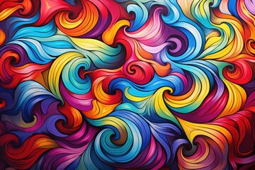 Fototapeta premium A vibrant painting featuring a mesmerizing arrangement of colorful swirls on a sleek black background, Psychedelic swirls and waves, AI Generated
