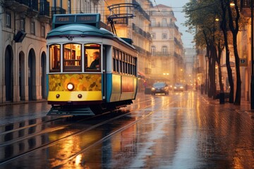 Obraz premium A trolley car makes its way down a city street amidst rainfall, Public trams in the streets of Lisbon, AI Generated