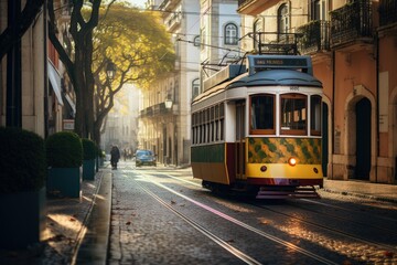 An image of a trolley car navigating a bustling city street filled with pedestrians and cars, Public trams in the streets of Lisbon, AI Generated