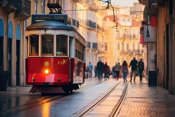 A vibrant red trolley car moves along a bustling street surrounded by towering buildings, Public...