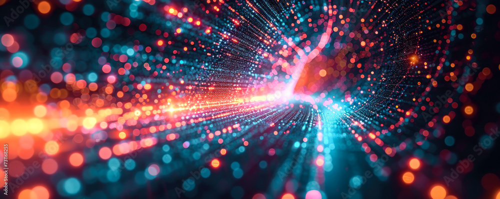 Poster vibrant abstract visualization of a digital data stream in cyberspace, representing high-speed infor