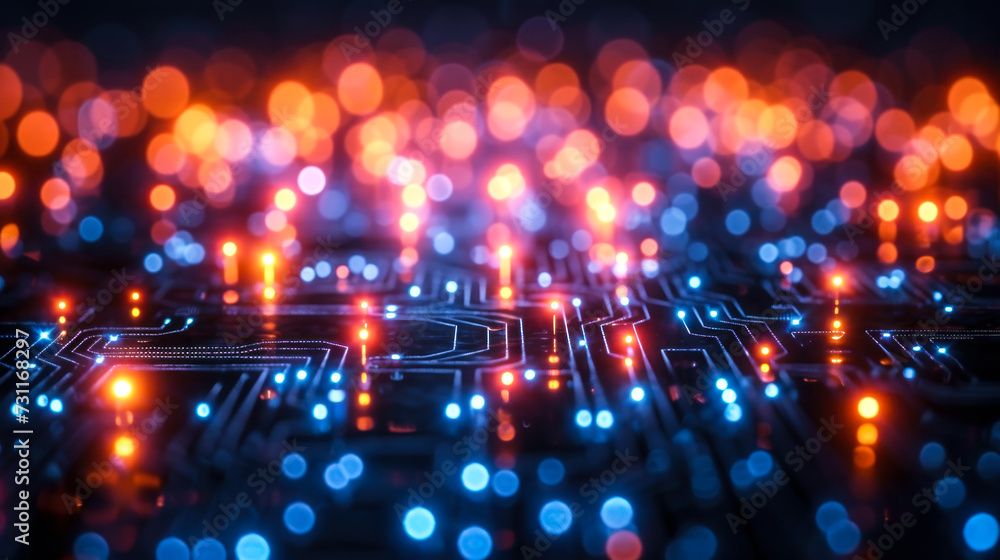 Poster abstract futuristic circuit board, high-technology background with glowing lines and bokeh lights, c