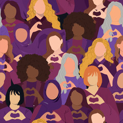  International Women's Day 2024 background. Concept of woman, femininity, diversity, inclusive and equality. Seamless pattern with different womens	