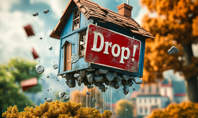 Dramatic illustration of a Price Drop! sign on a falling house, depicting a sudden decrease in real estate values in a dynamic and impactful visual metaphor - obrazy, fototapety, plakaty