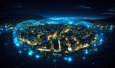 Fototapeta premium Smart City Concept with Digital Network Over Residential Area, Futuristic Urban Landscape with Connected Homes and Advanced Technology Infrastructure