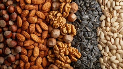 Assorted nuts and seeds in a hyper-realistic stock image. Variety of almonds, walnuts, sunflower seeds. Crisp, detailed, and aesthetically pleasing. Unique shapes, colors, and textures