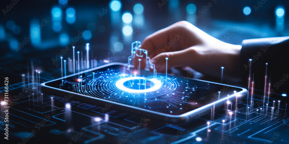 Poster cybersecurity concept with person using a tablet to navigate a complex interface with digital biomet