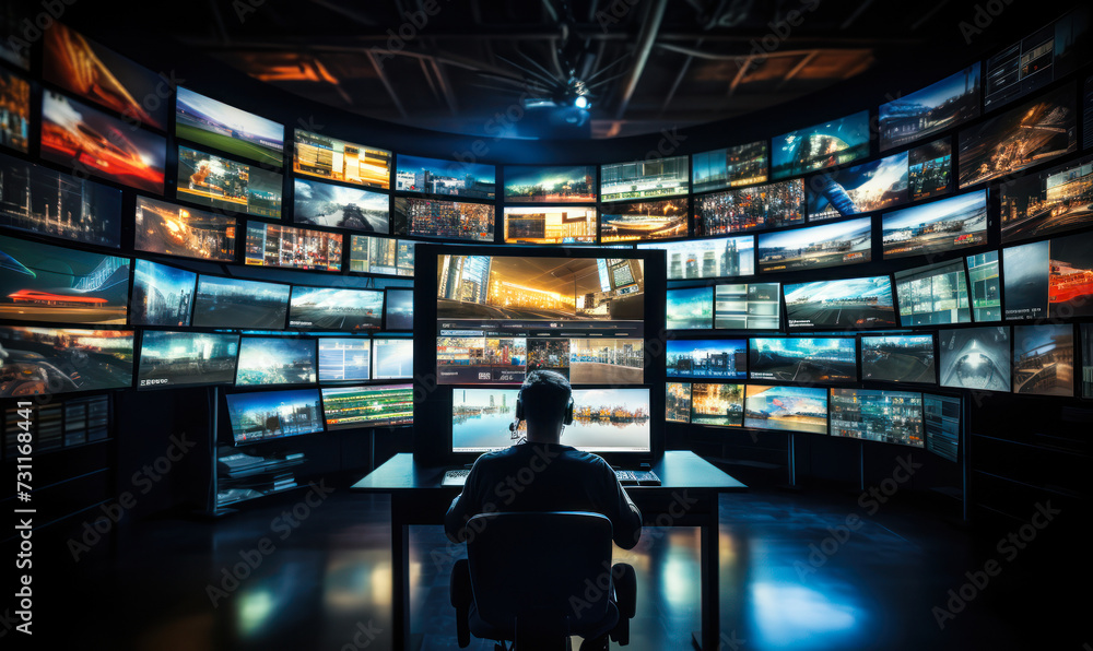 Aufkleber media broadcast control room with multiple screens displaying various content, representing surveill