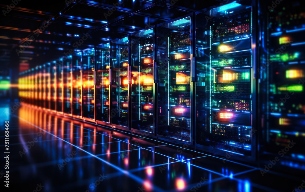 Poster high-tech data center server racks with glowing led lights, symbolizing network infrastructure, clou