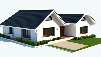 Fototapeta premium Modern white house, single story home, 3D house model, residential architecture