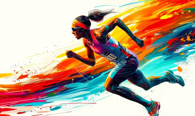 Vibrant illustration of a female runner in motion, her form exploding into dynamic, colorful brush strokes, symbolizing energy, speed, and vitality in athletics