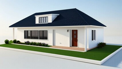 Fototapeta premium Modern house, single story home, white exterior, black roof, 3D rendering, residential building
