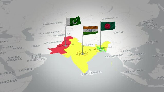 country map with flag&mdash;Flying Flags of Bangladesh, Pakistan, and India Across the Map.