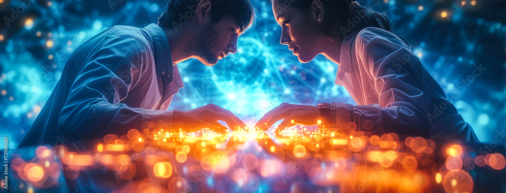 Aufkleber two individuals collaborating over an interactive futuristic holographic interface with glowing conn