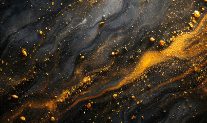 Luxurious black marble background sprinkled with golden specks and streaks, creating an elegant canvas for high-end design and sophisticated visual appeal - obrazy, fototapety, plakaty