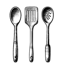 Kitchen utensils. Vector hand drawn rustic wooden kitchenware set of spoon, dotted spoon and spatula. Elements for your logo, advertisement, menu, cafe, banner or flyers.  - obrazy, fototapety, plakaty