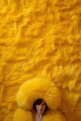 Mustard plush carpet close-up photo, flat lay 