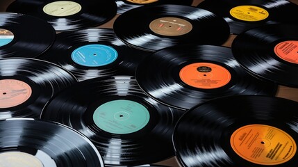 Vibrant vintage vinyl records showcasing diverse music genres & eras. Sharp-focus, hyper-realistic with vibrant colors & dramatic lighting. Retro vibes, exceptional clarity, tactile realism.