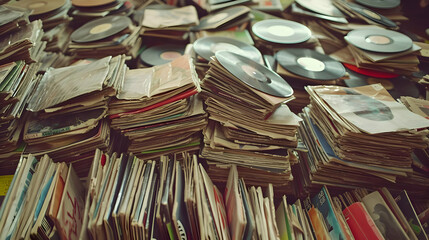 Obraz premium Lots of a pile of many vintage vinyl records with old newspapers and magazine backgrounds. High-resolution