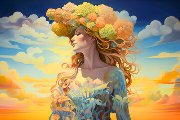 Illustration of Mother Nature with Flowing Hair and Flowers