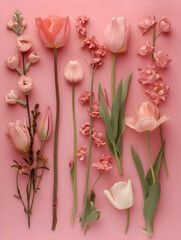 Various pink flowers laying willy-nilly on a pink background postcard cinematic postcard. High-resolution