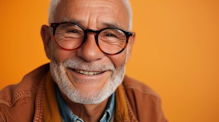 Smiling elderly man with white beard and hair wearing glasses and a brown jacket against an orange background.