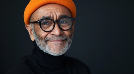A man with a warm smile wearing a vibrant orange beanie glasses and a black turtleneck exuding a sense of wisdom and joy. - 731169849