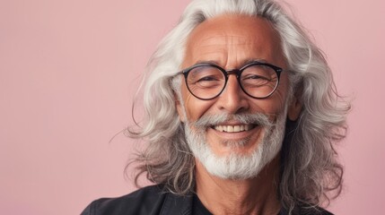 Smiling man with white hair beard and glasses wearing black jacket against pink background.