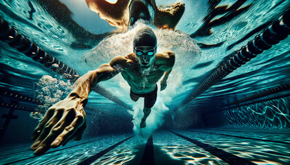 A powerful swimmer in mid-stroke plunges through the water in a pool, bubbles trailing behind, with light reflecting dynamically on the surface above.Sport concept. AI generated.