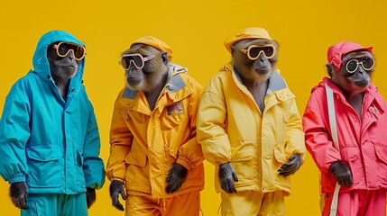 Ape in a group vibrant bright fashionable outfits isolated on solid background advertisement